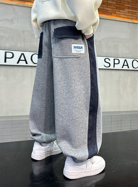 男童冬季韩范灰色加绒休闲卫裤2025新款儿童男孩冬装加厚运动裤子