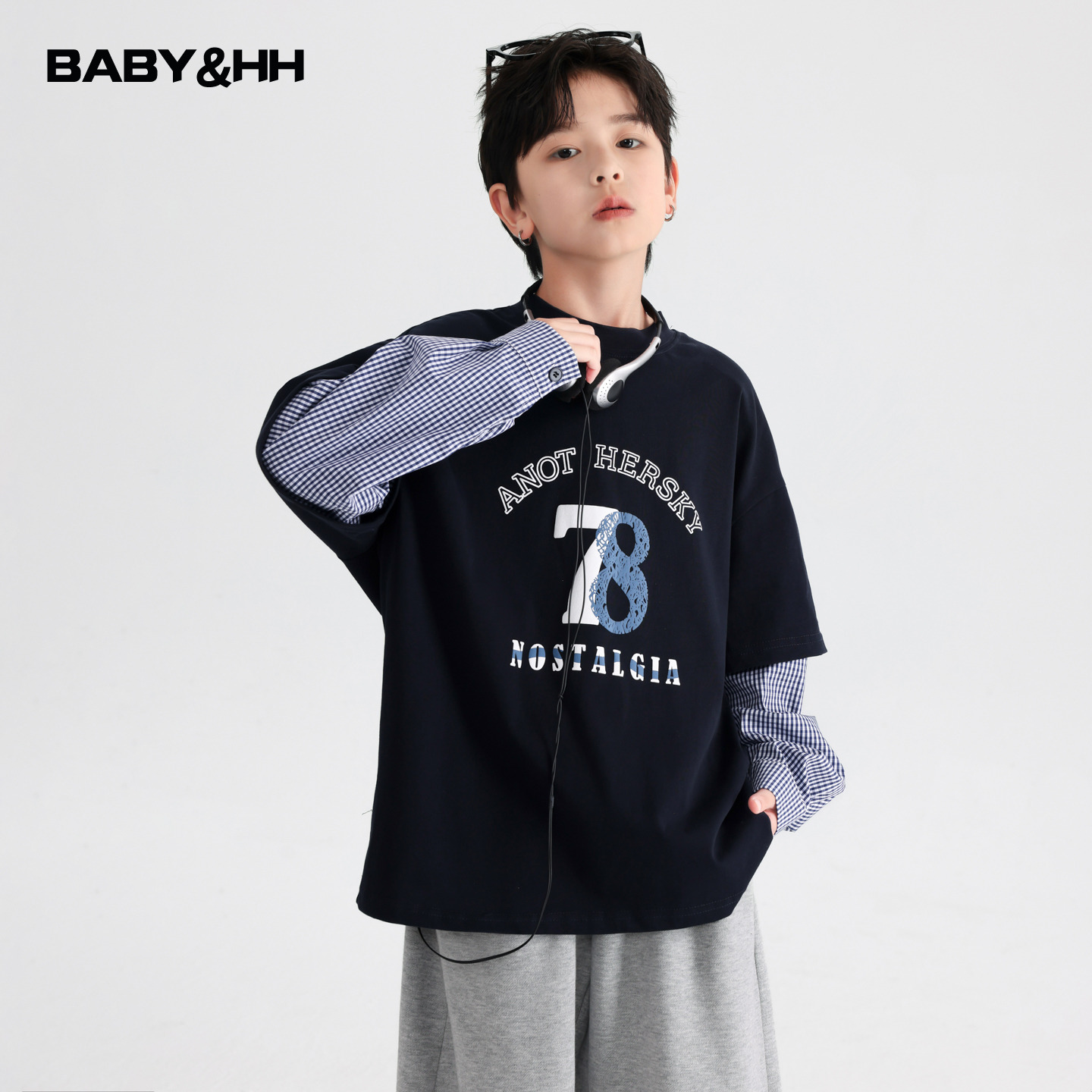 韩范假两件格子拼接运动长袖t恤