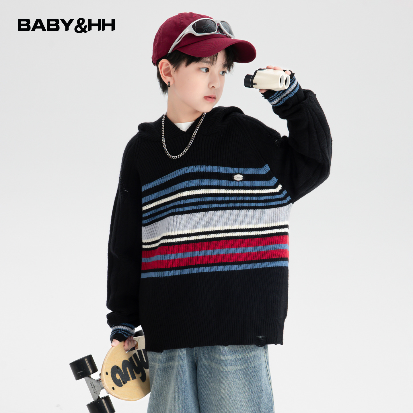 韩范条纹破洞加厚连帽针织毛衣潮