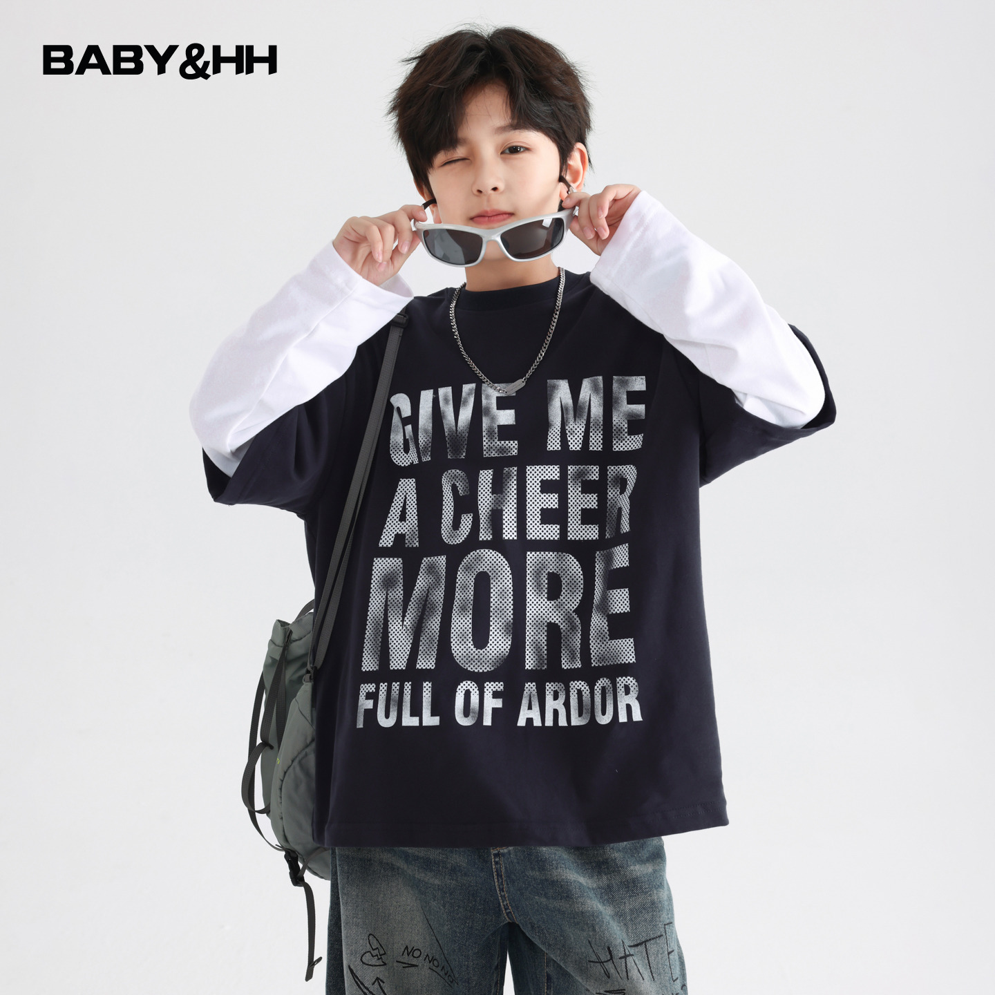 潮牌美式假两件街舞长袖宽松t恤