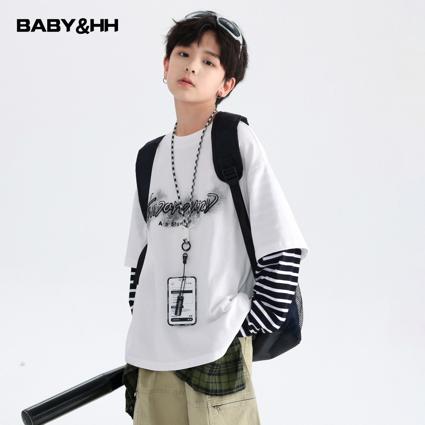 男童秋季韩范假两件条纹长袖t恤2025新款青少年儿童运动宽松上衣