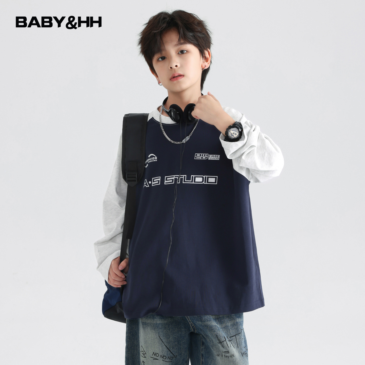 韩范撞色机车风运动宽松长袖t恤