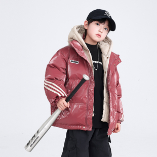 男童冬装红色假两件亮面免洗羽绒服2026新款儿童冬季加厚防风外套