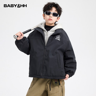 男童冬季户外假两件运动防水棒球棉服2025新款儿童加绒夹棉外套潮