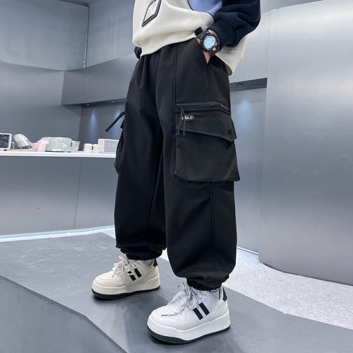 潮酷加绒加厚过冬运动束脚工装裤