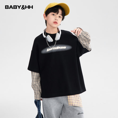 宽松假两件格子拼接长袖街舞T恤