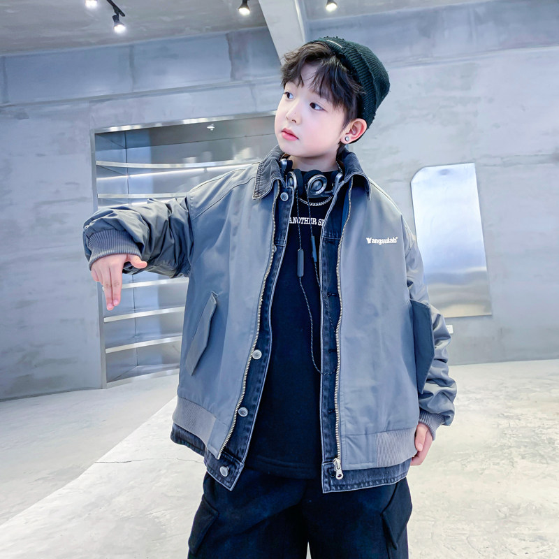 男童秋冬假两件牛仔拼接夹棉外套2025新款儿童男孩冬季痞帅厚棉服