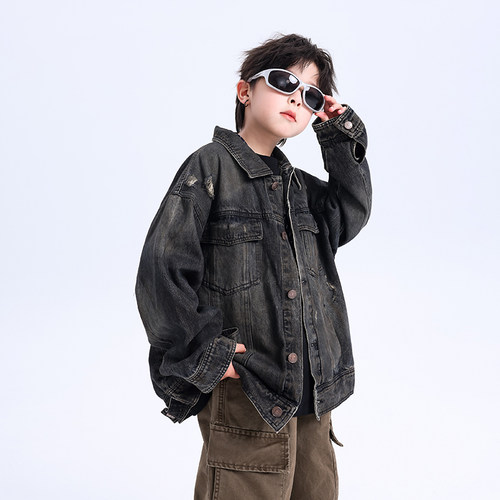 男童春秋款潮牌破洞痞帅牛仔外套