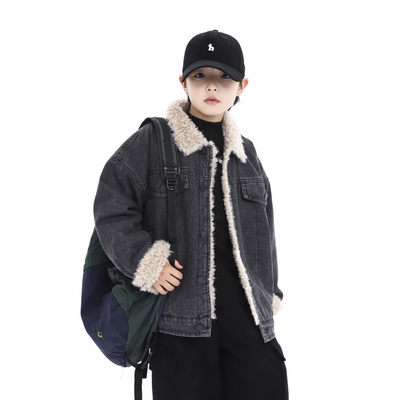 男童秋冬拼接羊羔毛加绒牛仔外套