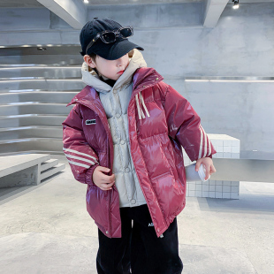 加厚防风外套 儿童冬装 男童冬季 红色假两件亮面免洗羽绒服2025新款