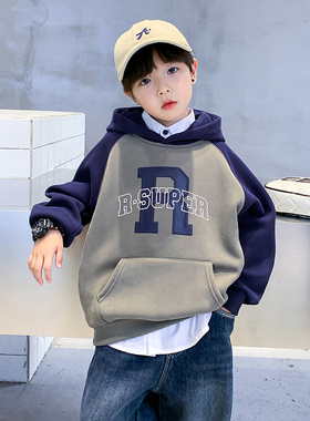 男童春秋撞色加绒宽松连帽卫衣2026新款儿童男孩春装痞帅运动上衣