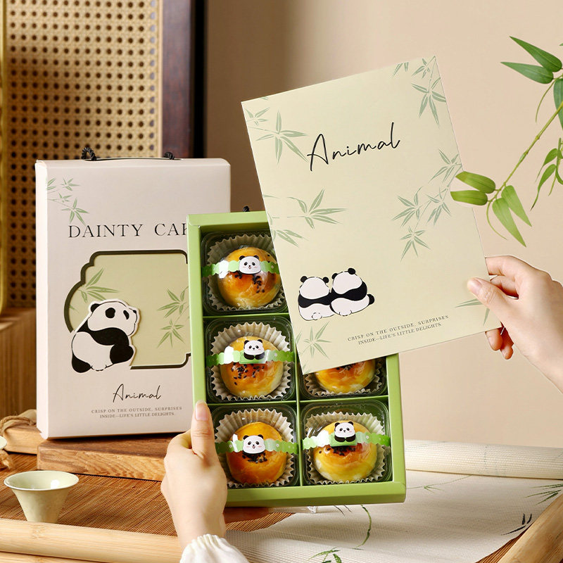 2025竹叶熊猫蛋黄酥包装盒6粒手提80克礼品烘焙空盒子带托月饼盒