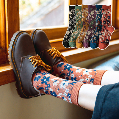 复古袜子女纯棉中筒袜双针双路碎花长筒堆堆袜秋冬季百搭长袜ins