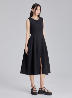 2025春款通勤小黑裙收腰连衣裙开叉压褶背心裙高级感