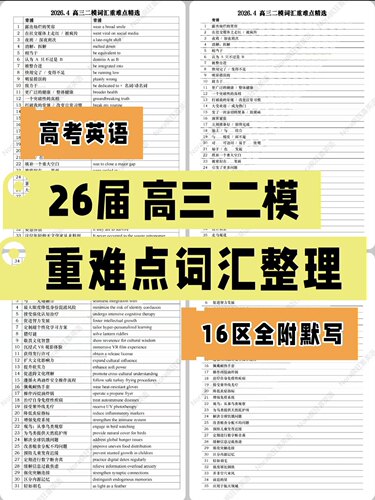 上海高考英语丨26届第二学期二模16区重难点词汇精选二模卷