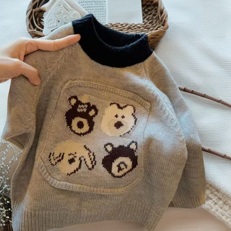 男童针织衫秋冬新款儿童毛衣加绒加厚打底衫婴儿洋气卡通内搭衣服