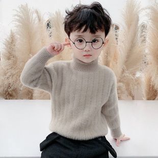 儿童毛衣男童加厚水貂毛针织衫2024新款宝宝帅气半高领内搭保暖衣