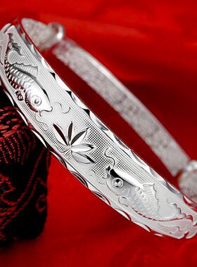 925银色手镯女妈妈款中老年人鲤鱼戏莲时尚推拉手环