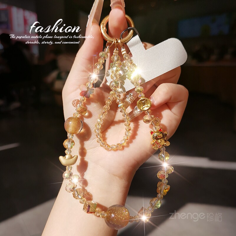 招财猫金元宝手机链短款轻奢香槟水晶串珠手机挂绳好运聚财挂饰