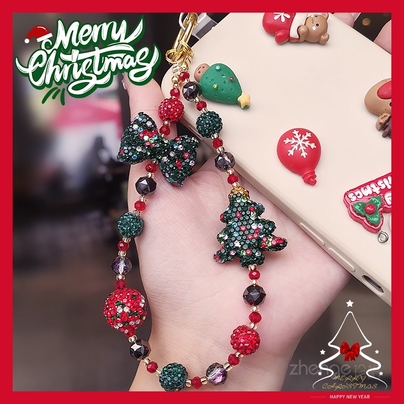 圣诞红绿水钻串珠手机链女士手腕精致高级感户外短款便携防丢挂绳