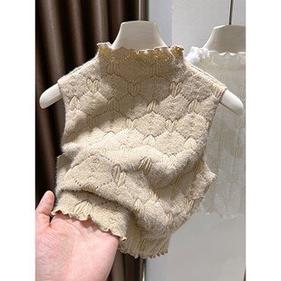 内搭磨毛薄绒花边背心假领子 女秋冬短款 2024新款 半高领蕾丝打底衫