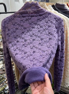 半高领蕾丝打底衫女秋冬洋气内搭长袖加绒加厚保暖高级感网纱上衣