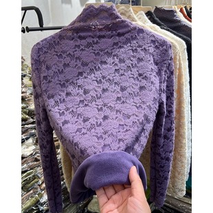 半高领蕾丝打底衫 加绒加厚保暖高级感网纱上衣 女秋冬洋气内搭长袖