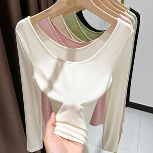 紧身皮肤衣低领打底衫女秋冬新款超弹前后大u领内搭性感上衣露背