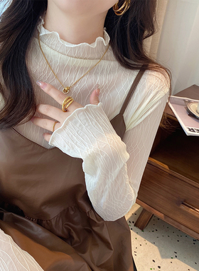 蕾丝打底衫女2024新款秋季薄款白色小香风内搭半高领网纱黑色上衣