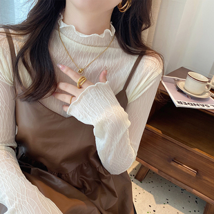 蕾丝打底衫女2024新款秋季薄款白色小香风内搭半高领网纱黑色上衣