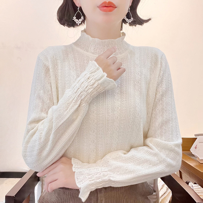 木耳边针织半高领蕾丝打底衫女秋冬季大衣内搭可外穿修身毛衣上衣