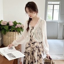 法式碎花搭配吊带连衣裙外搭防晒衫女夏季系带短款披肩雪纺开衫女