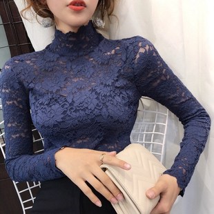 女 内搭半高领打底衫 2020流行时尚 夏秋欧货紧身蕾丝网纱小上衣长袖