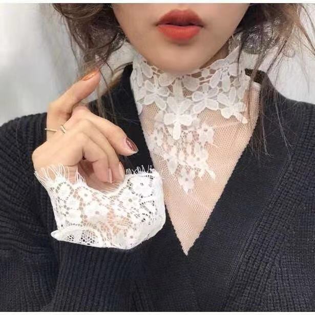 2020打底衫女长袖透视立领花边蕾丝打底衫女宽松时尚网纱衣