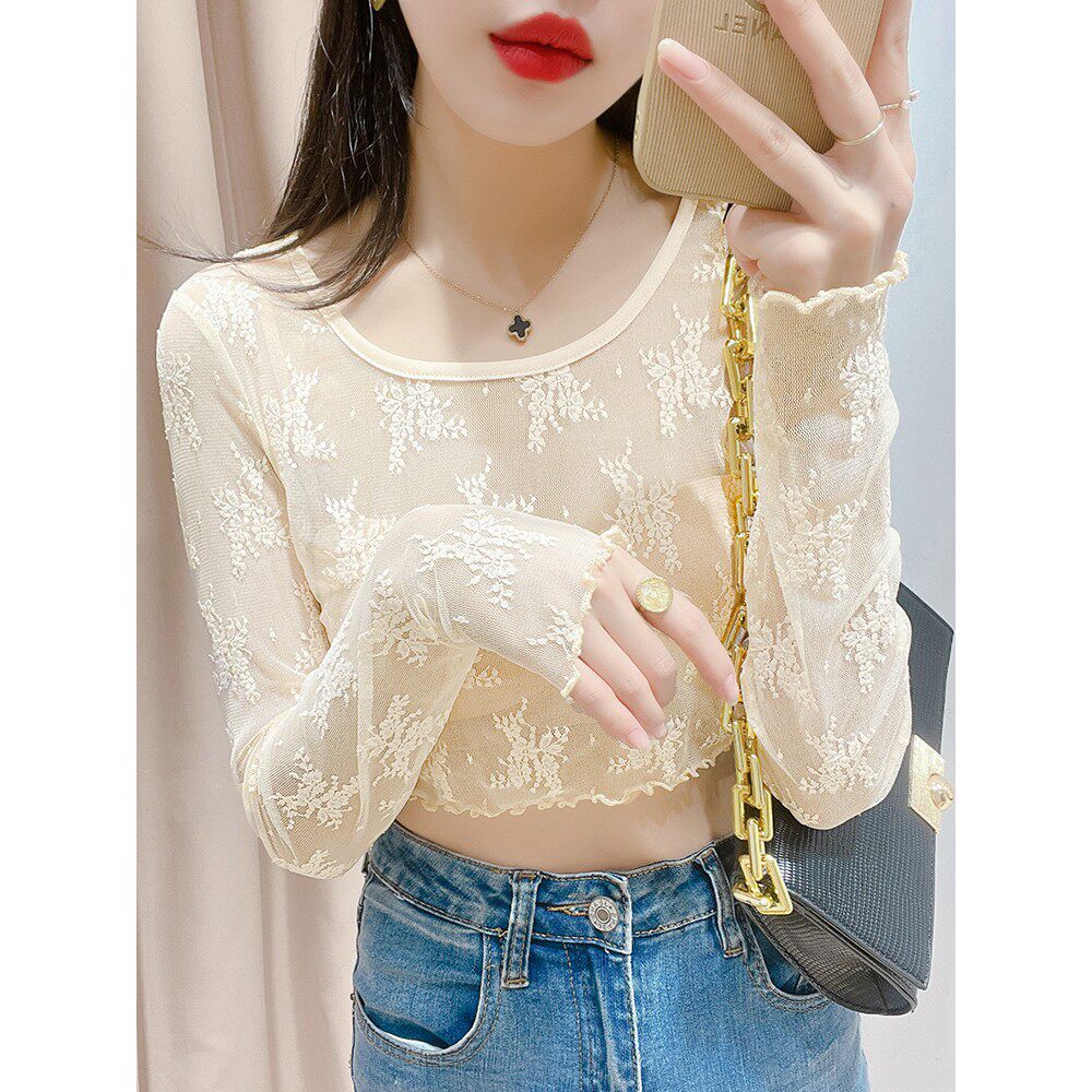 蕾丝打底衫女薄款长袖吊带裙内搭透视短款露脐舞蹈网纱上衣2025秋