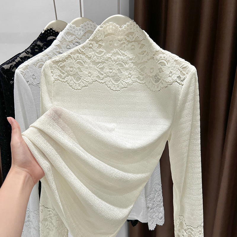 蕾丝打底衫女2024新款秋冬内搭叠穿精致提花高领长袖小衫高级感