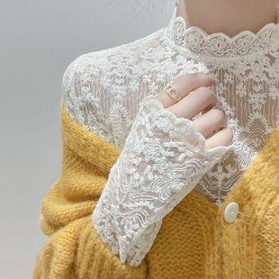 纯棉蕾丝打底衫女内搭刺绣镂空花纹白色小衫高档洋气透视网纱上衣