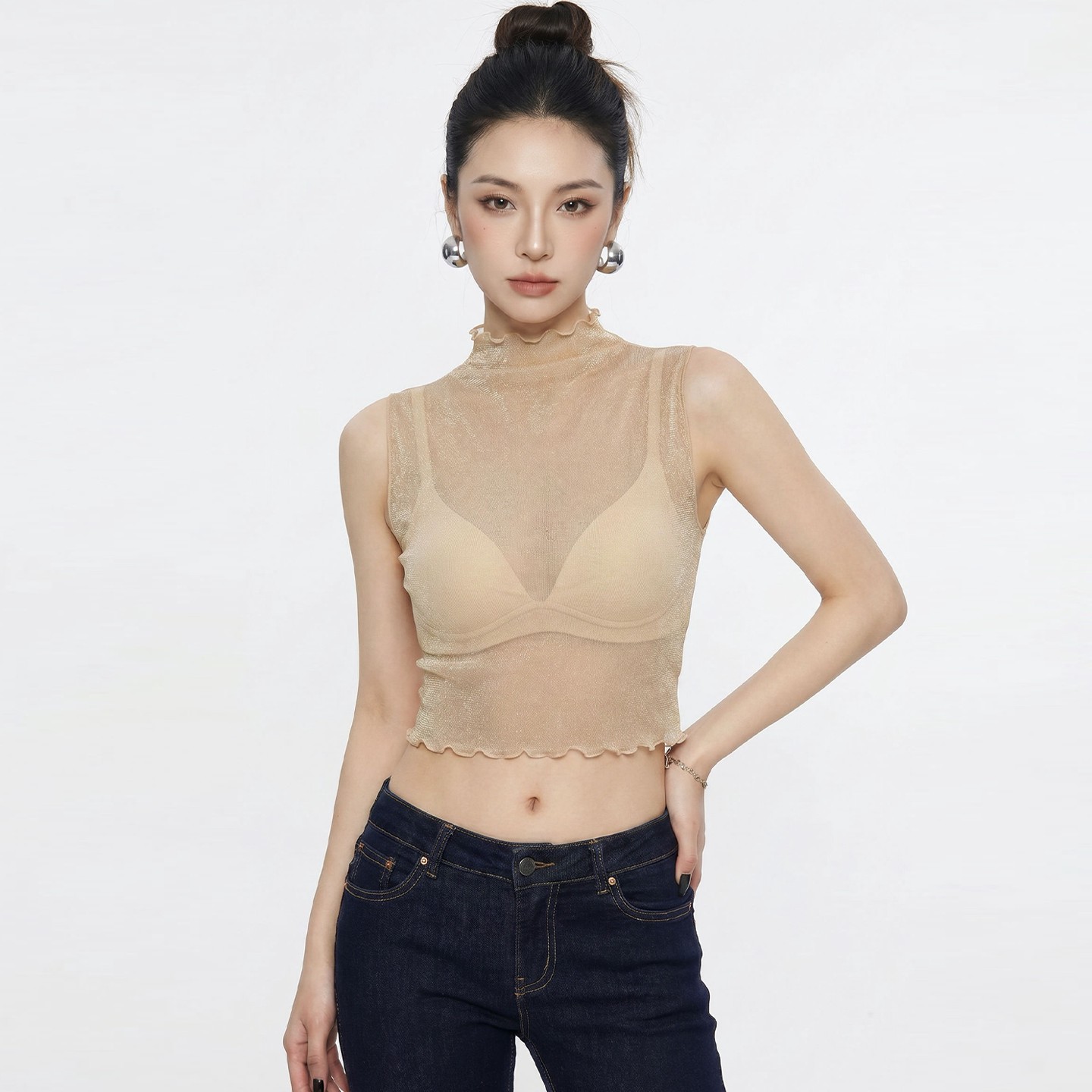 杏色半高领蕾丝上衣女夏季透视网纱内搭短款打底衫木耳边无袖假领