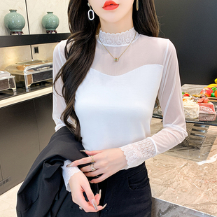 优质高端气质时髦蕾丝打底衫别致漂亮2024春秋上衣女性感T恤洋气