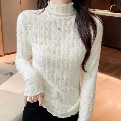 秋冬半高领磨毛蕾丝打底衫