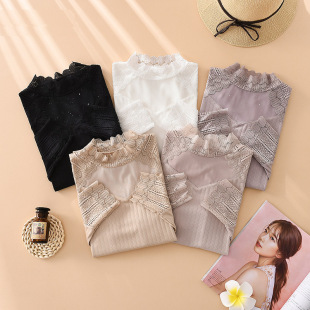 女长袖 时尚 高档蕾丝打底衫 网纱拼接上衣秋冬2022新款 内搭 洋气小衫