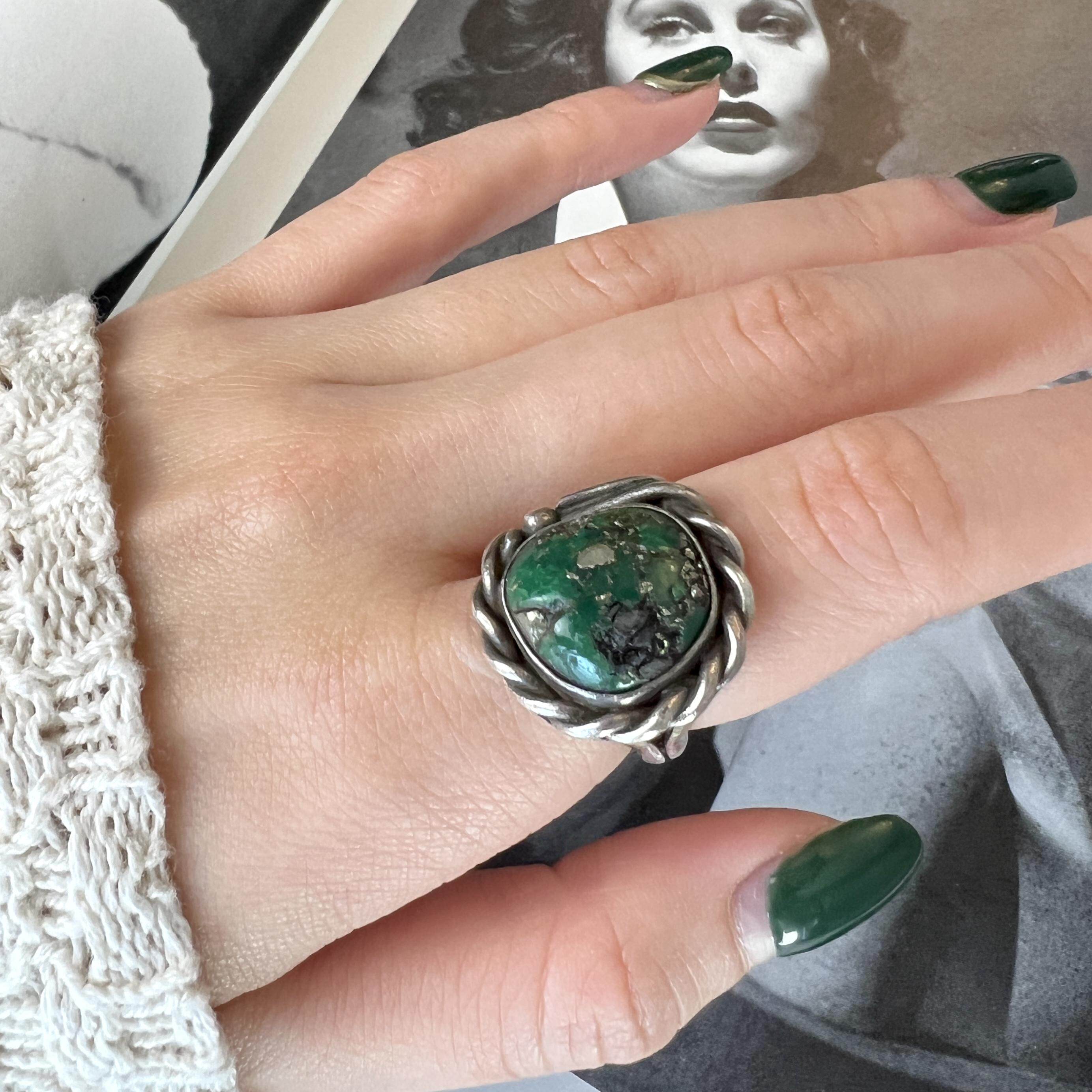 原矿美松戒指印第安手工银饰原矿绿松石黄铁矿925纯银古董首饰9号