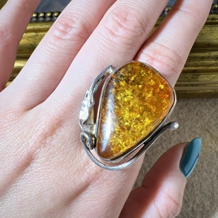 天然原矿琥珀戒指金珀戒指欧美手工银饰vintage古董首饰中古11号