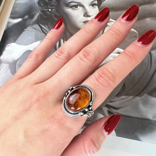 原矿琥珀戒指925纯银古董首饰