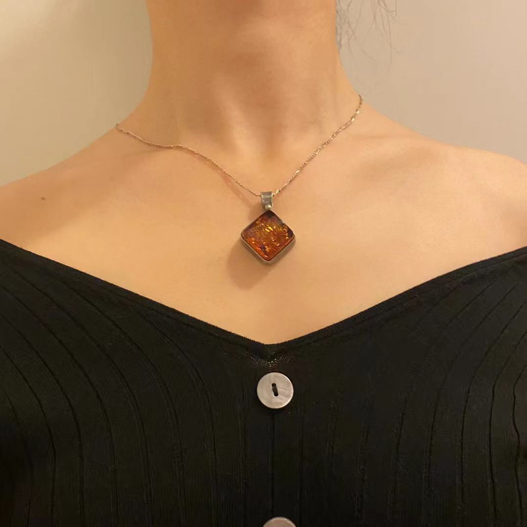 925纯银天然琥珀方吊坠项链 美国古董首饰vintage中古着珠宝回流