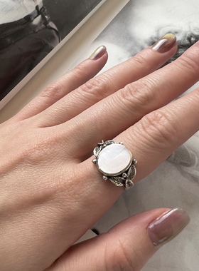 天然珍珠母贝戒指925纯银戒指vintage古董首饰银饰11号戒指