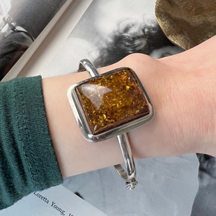 天然琥珀手镯老琥珀手环绿珀手镯vintage古董首饰925纯银手镯银饰