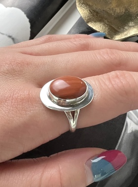 红玛瑙戒指红玉髓戒指设计师品牌银饰925纯银戒指16号圈古董首饰