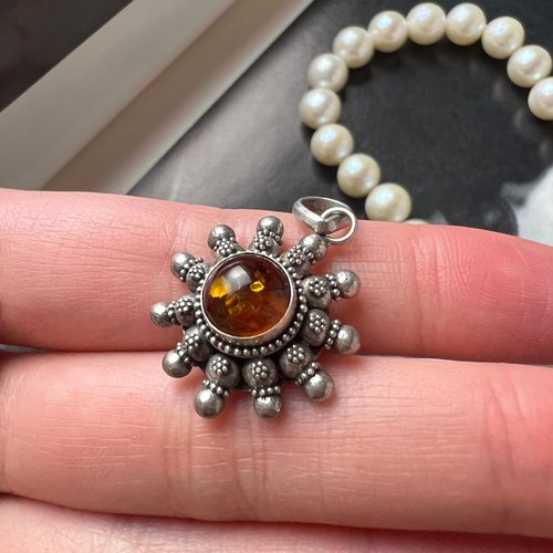 天然琥珀吊坠项链天然原矿琥珀项链S925纯银吊坠古董首饰中古饰品