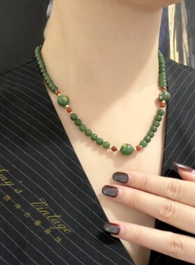 创汇期出口天然和田玉项链和田碧玉项链14K包金掐丝珐琅珠项链